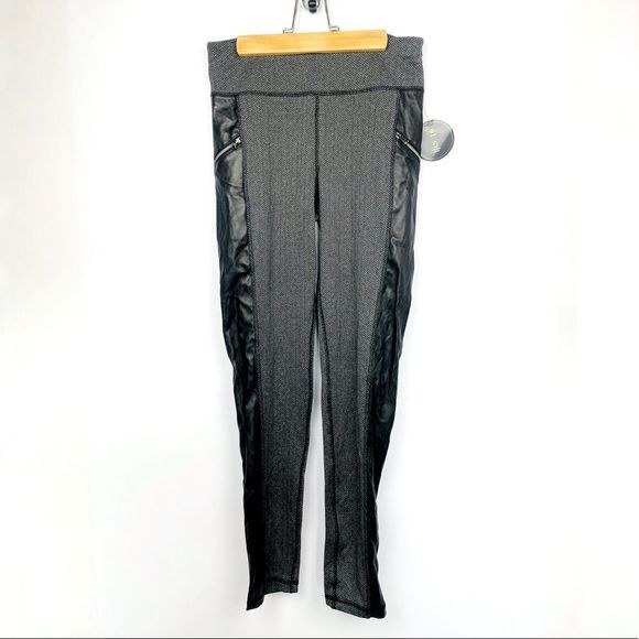 NWT XERSION Black Gray Herringbone Moto Style Side Faux Leather Leggings - Picture 3 of 11